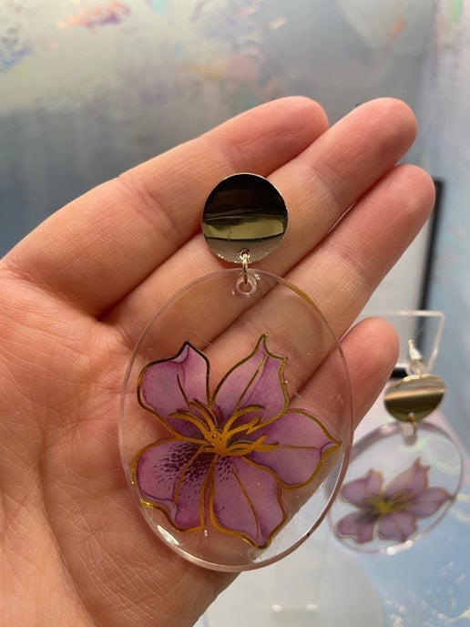 Purple Floral Oval Earrings(Nickel Free)