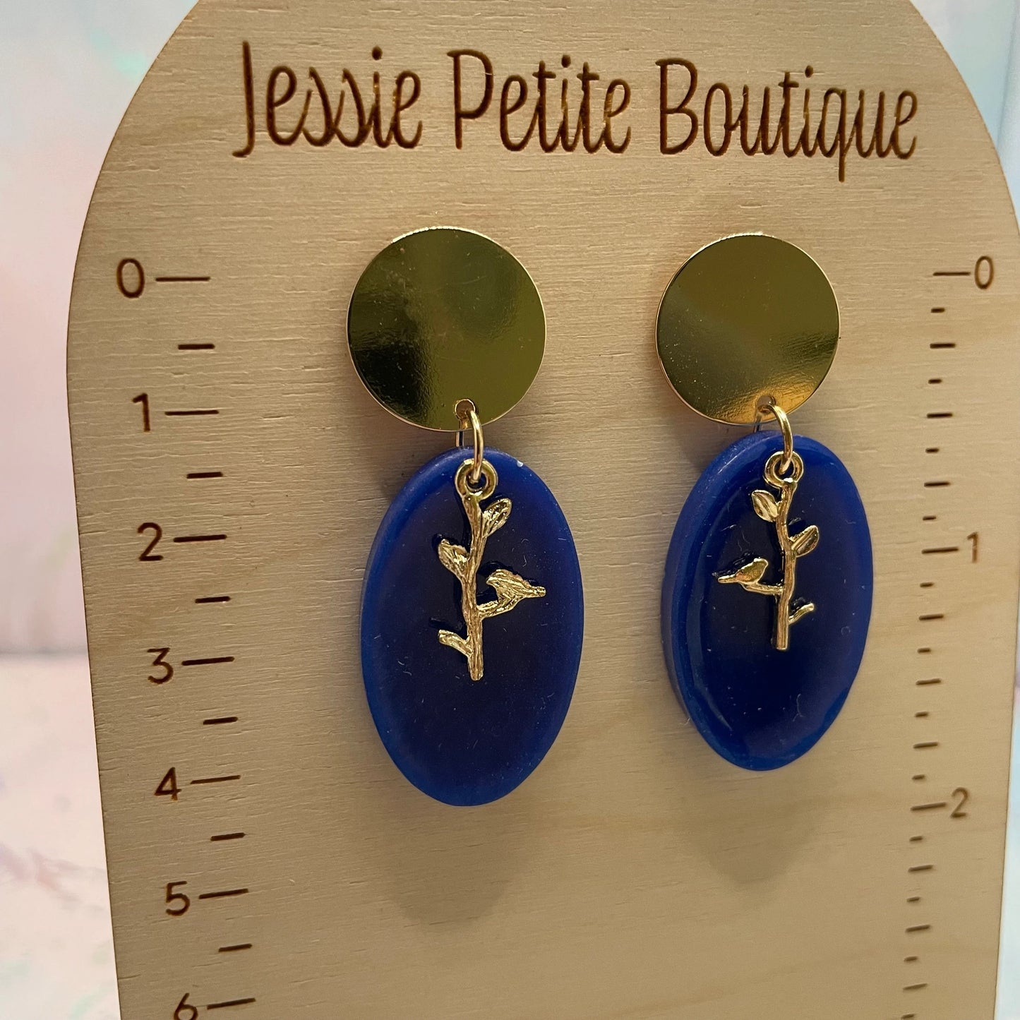 Blue & Gold Oval Leaf Earrings – Nickel Free