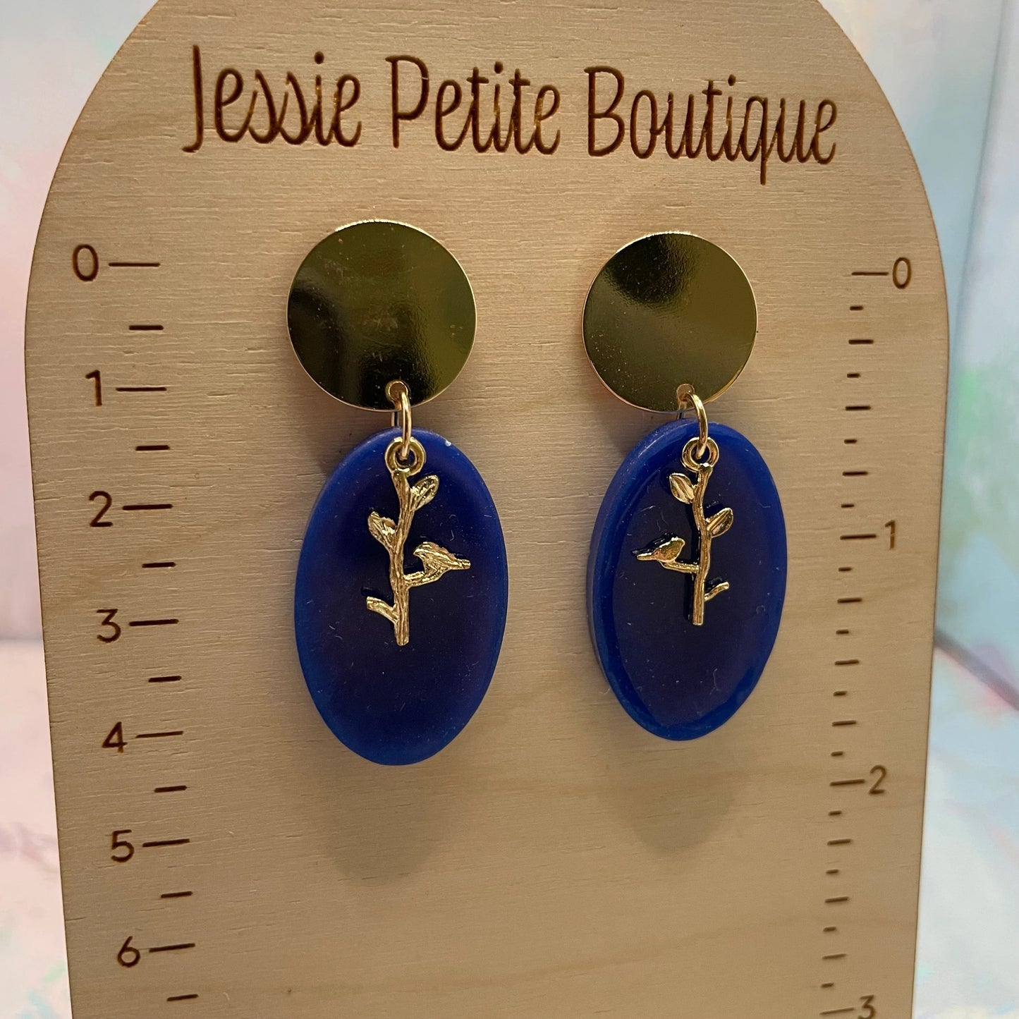 Blue & Gold Oval Leaf Earrings – Nickel Free