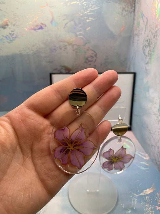Purple Floral Oval Earrings(Nickel Free)