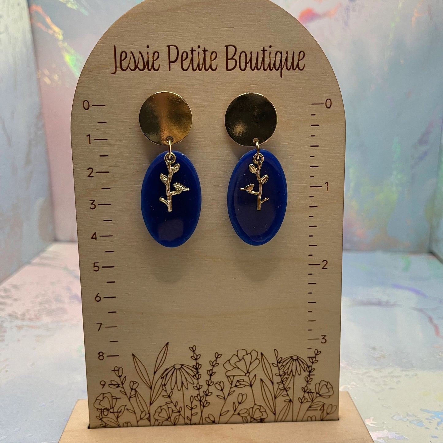 Blue & Gold Oval Leaf Earrings – Nickel Free