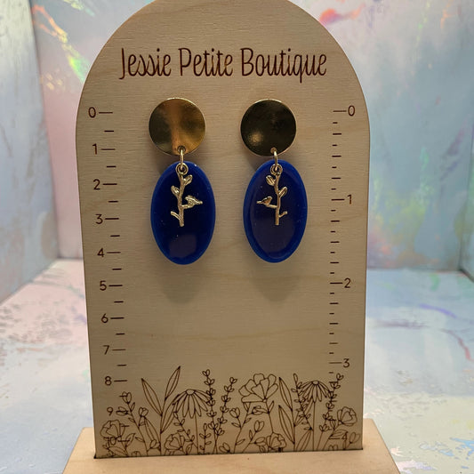 Blue & Gold Oval Leaf Earrings – Nickel Free