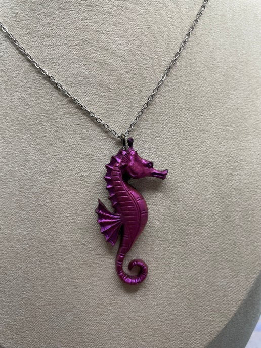 Chameleon Plum Seahorse Necklace (hypoallergenic), Nickel Free + Stainless Steel