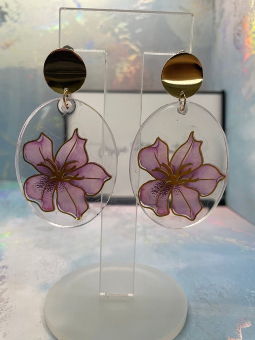 Purple Floral Oval Earrings(Nickel Free)