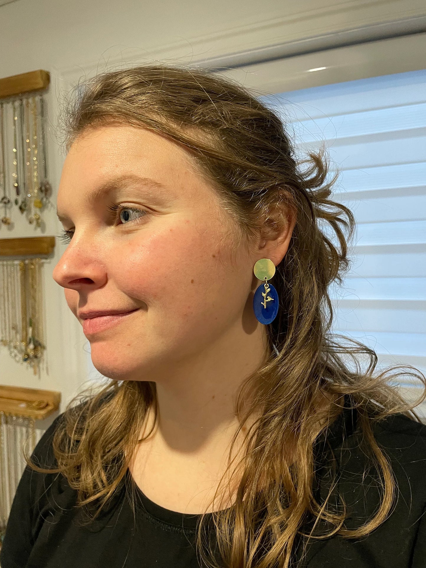 Blue & Gold Oval Leaf Earrings – Nickel Free