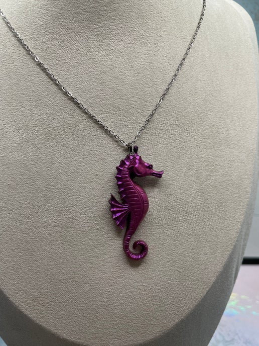 Chameleon Plum Seahorse Necklace (hypoallergenic), Nickel Free + Stainless Steel