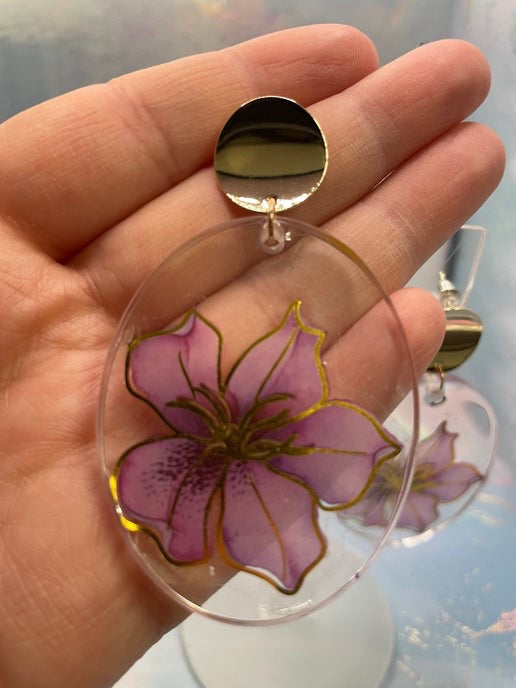 Purple Floral Oval Earrings(Nickel Free)