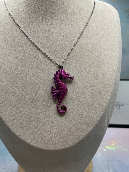 Chameleon Plum Seahorse Necklace (hypoallergenic), Nickel Free + Stainless Steel