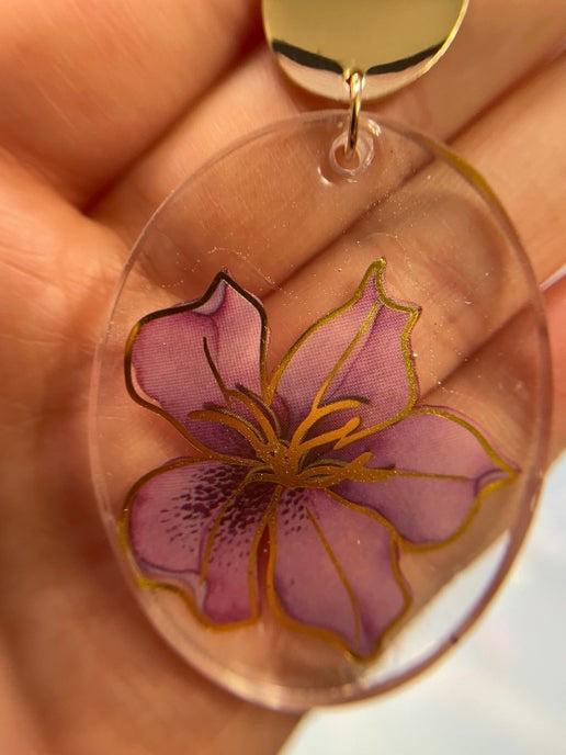 Purple Floral Oval Earrings(Nickel Free)
