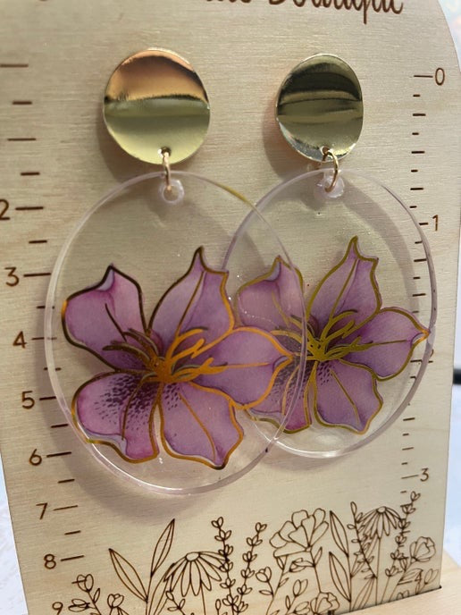 Purple Floral Oval Earrings(Nickel Free)