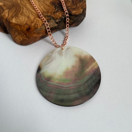 5 cm Round Natural Dark Shell Necklace -27'' Rose Gold Chain