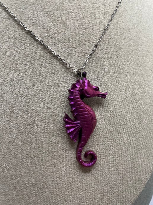 Chameleon Plum Seahorse Necklace (hypoallergenic), Nickel Free + Stainless Steel