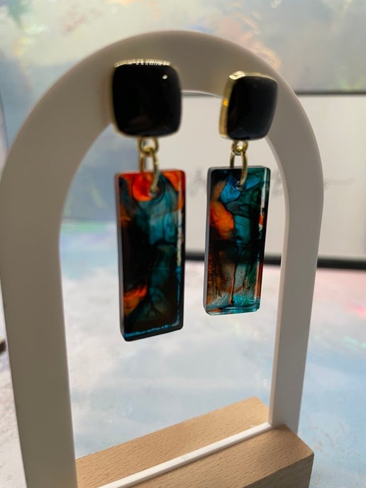 Rectangular Resin Statement Earrings β Teal, Orange & Black (Nickel Free)