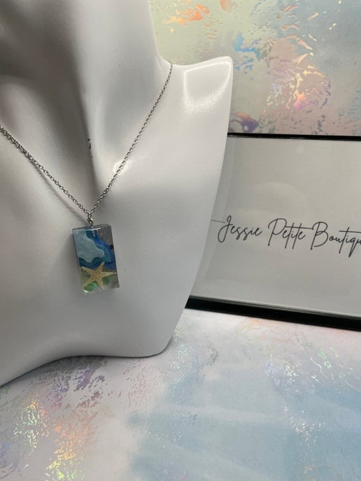 Ocean Starfish Rectangle Necklace-18'' Silver Chain NICKEL FREE