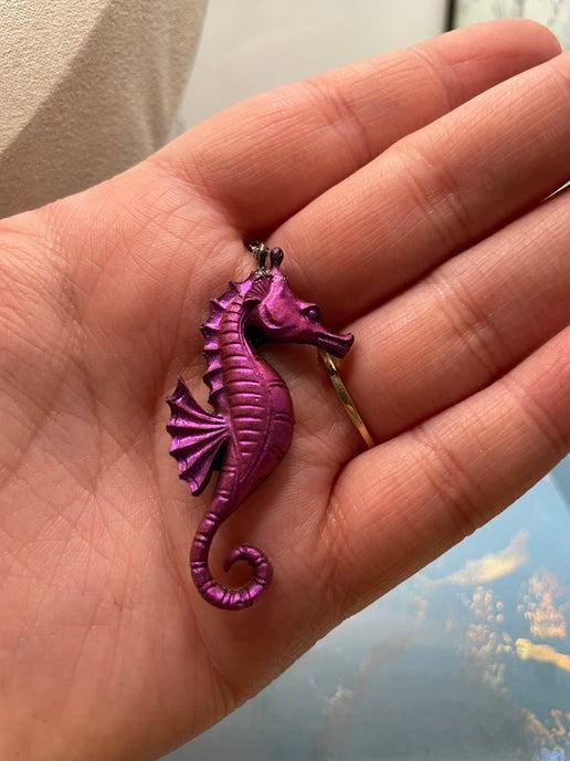 Chameleon Plum Seahorse Necklace (hypoallergenic), Nickel Free + Stainless Steel