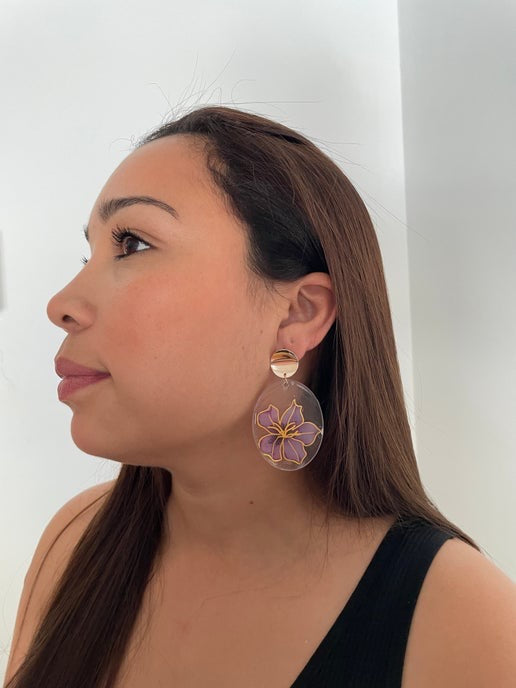 Purple Floral Oval Earrings(Nickel Free)