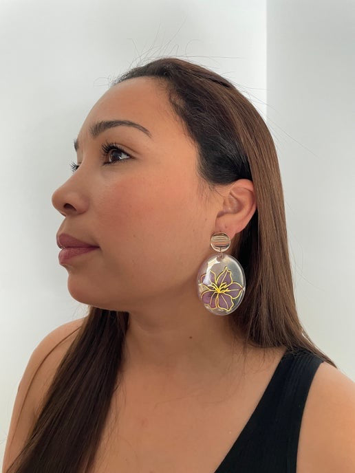 Purple Floral Oval Earrings(Nickel Free)