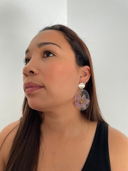 Purple Floral Oval Earrings(Nickel Free)