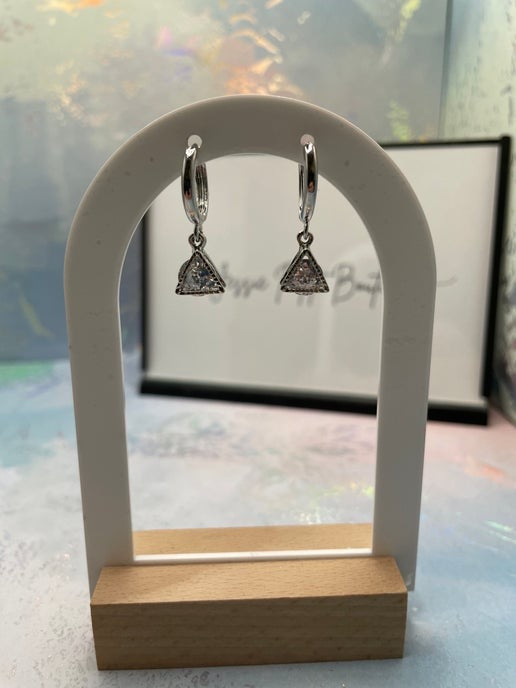 Silver And Glass Diamond Triangle Hoop Earrings-Nickel Free