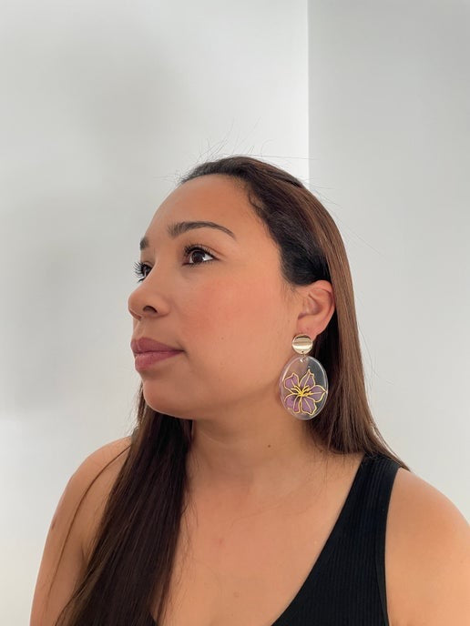 Purple Floral Oval Earrings(Nickel Free)