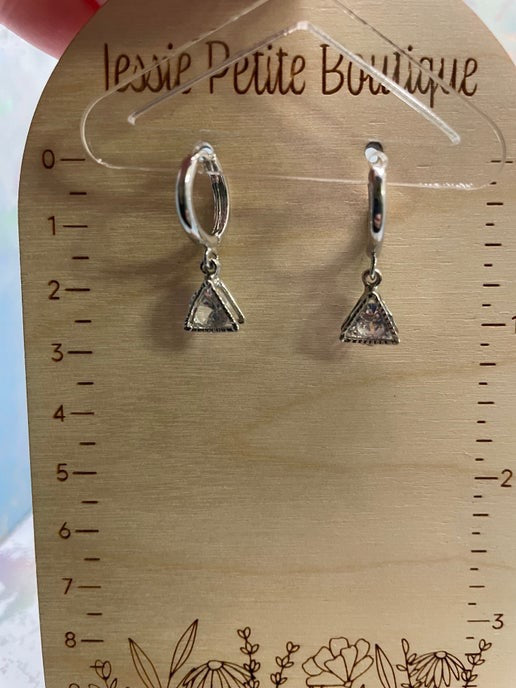 Silver And Glass Diamond Triangle Hoop Earrings-Nickel Free