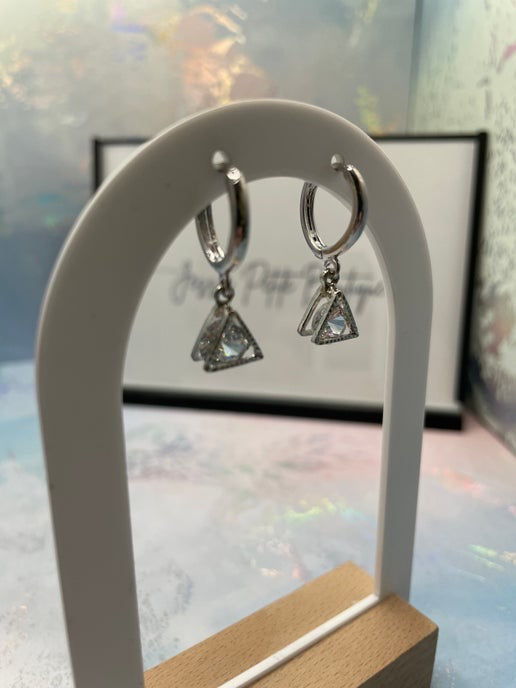Silver And Glass Diamond Triangle Hoop Earrings-Nickel Free