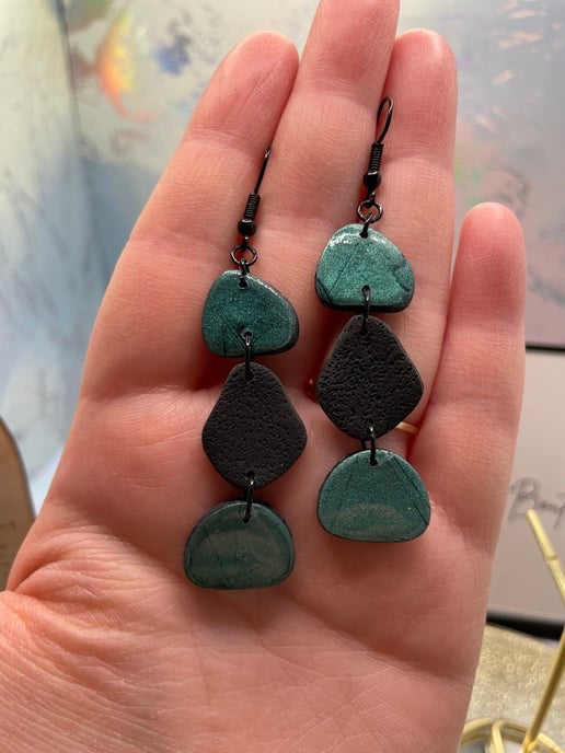 Black & Teal Pebble Dangle Earrings