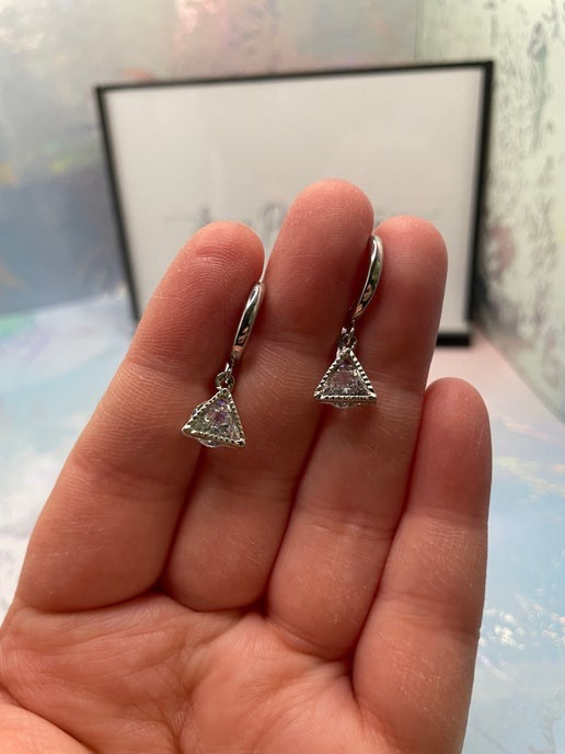 Silver And Glass Diamond Triangle Hoop Earrings-Nickel Free