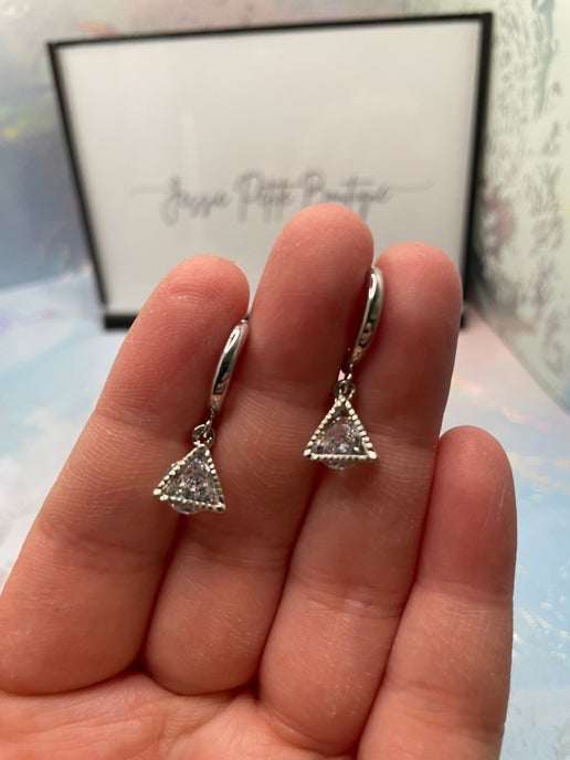 Silver And Glass Diamond Triangle Hoop Earrings-Nickel Free