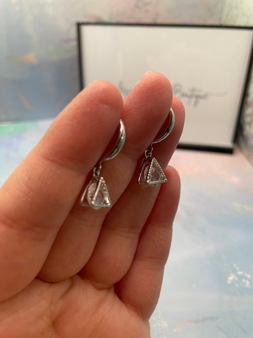 Silver And Glass Diamond Triangle Hoop Earrings-Nickel Free