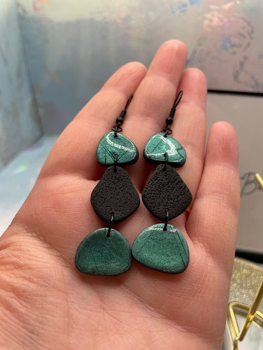 Black & Teal Pebble Dangle Earrings