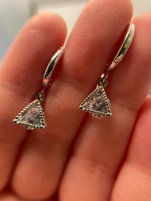 Silver And Glass Diamond Triangle Hoop Earrings-Nickel Free