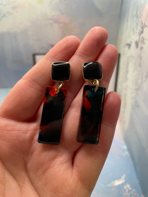 Rectangular Resin Statement Earrings β Teal, Orange & Black (Nickel Free)