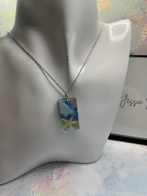 Ocean Starfish Rectangle Necklace-18'' Silver Chain NICKEL FREE