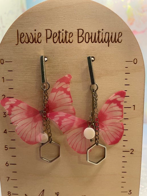 Boucles d'oreilles papillon rose + petit coquillage-Acier inoxydable