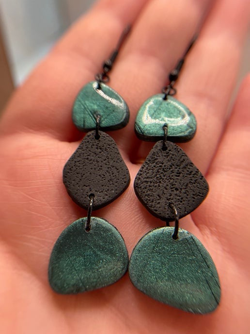Black & Teal Pebble Dangle Earrings