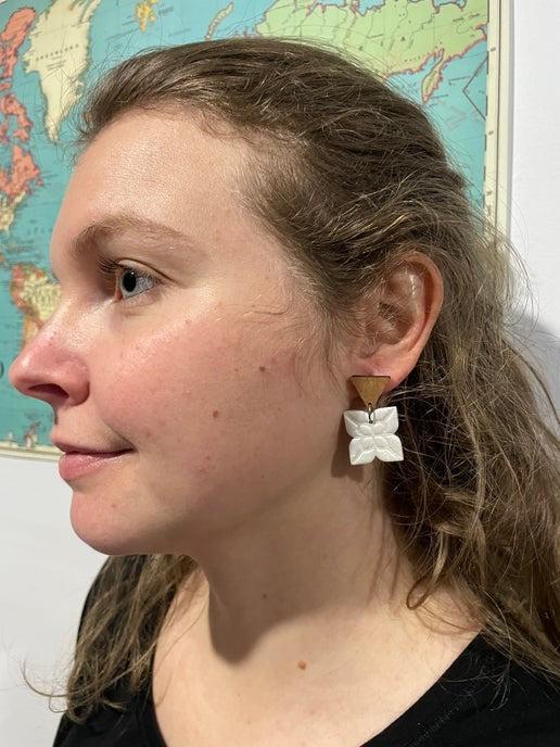 Wood & White Floral Square Earrings- Stainless steel