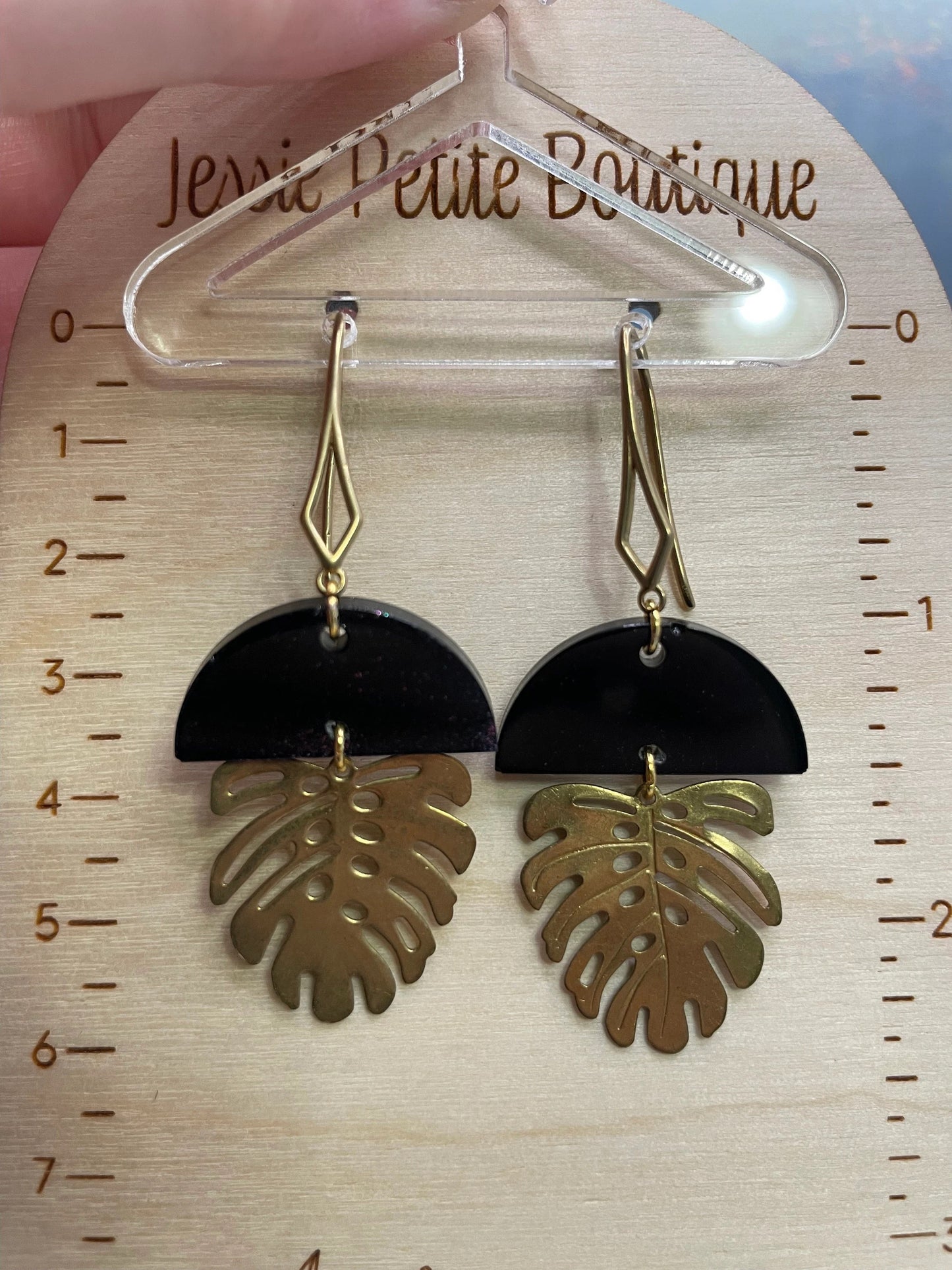 Black & Gold Monstera Earrings -Nickel Free