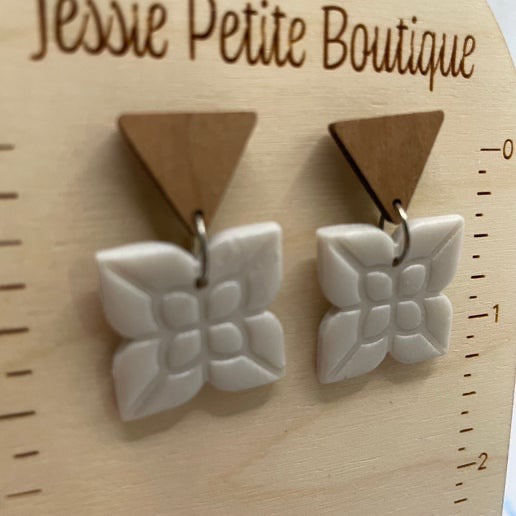 Wood & White Floral Square Earrings- Stainless steel