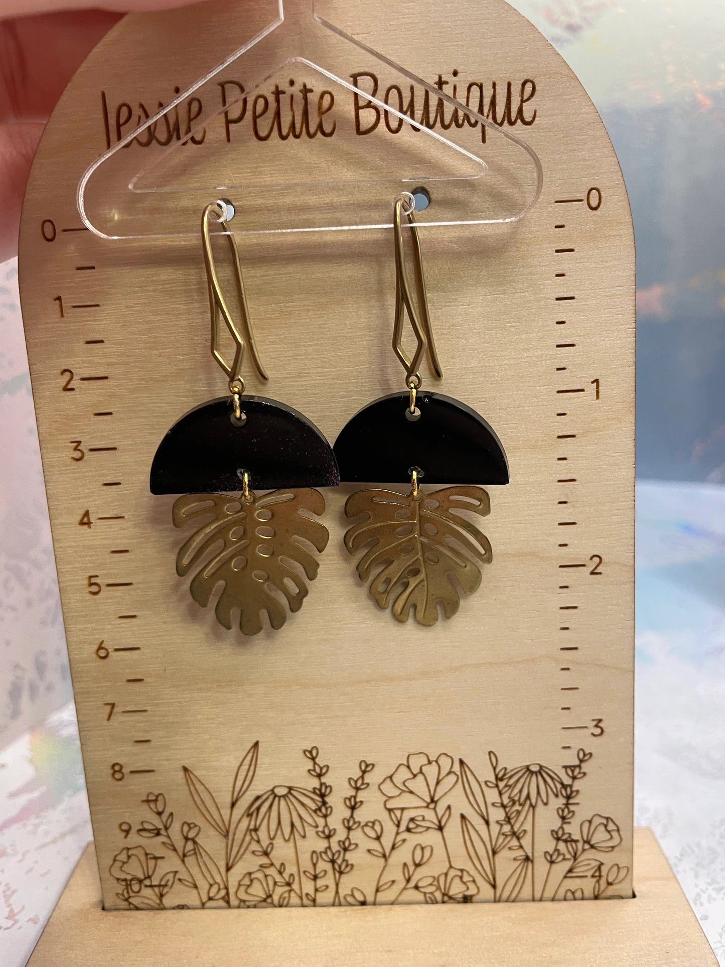 Black & Gold Monstera Earrings -Nickel Free