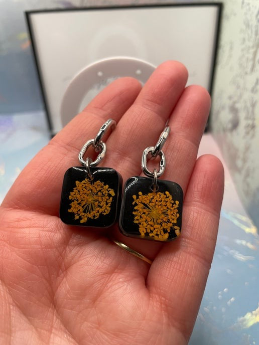 Square Black & Orange Flower Earrings-STAINLESS STEEL