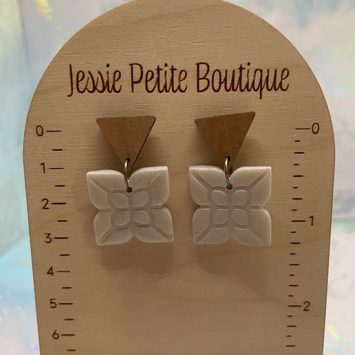 Wood & White Floral Square Earrings- Stainless steel