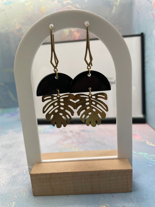 Black & Gold Monstera Earrings -Nickel Free