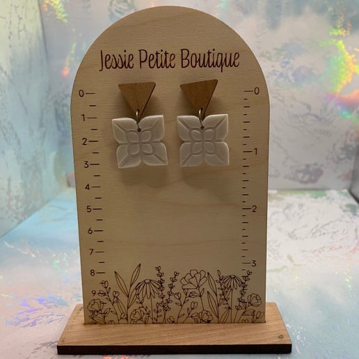 Wood & White Floral Square Earrings- Stainless steel