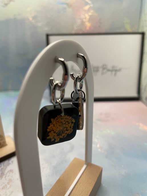 Square Black & Orange Flower Earrings-STAINLESS STEEL
