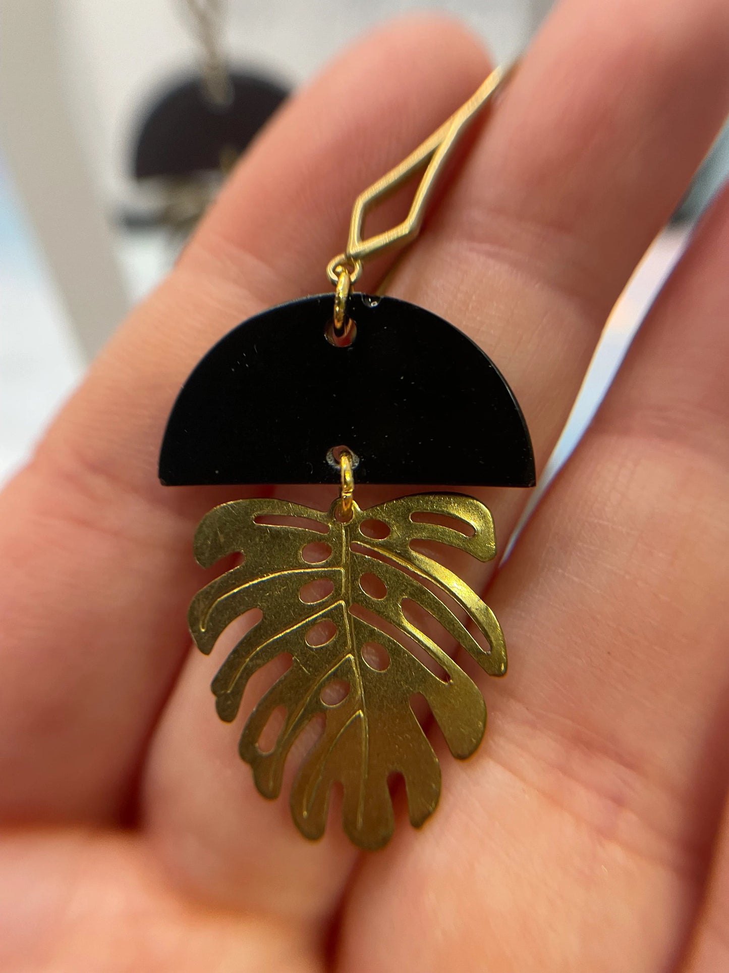 Black & Gold Monstera Earrings -Nickel Free
