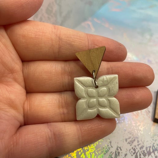 Wood & White Floral Square Earrings- Stainless steel