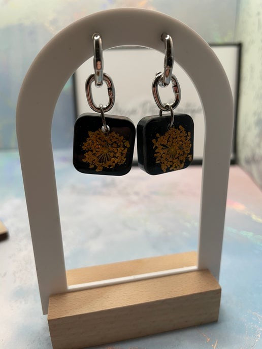 Square Black & Orange Flower Earrings-STAINLESS STEEL
