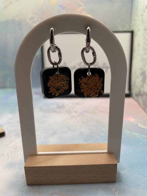 Square Black & Orange Flower Earrings-STAINLESS STEEL