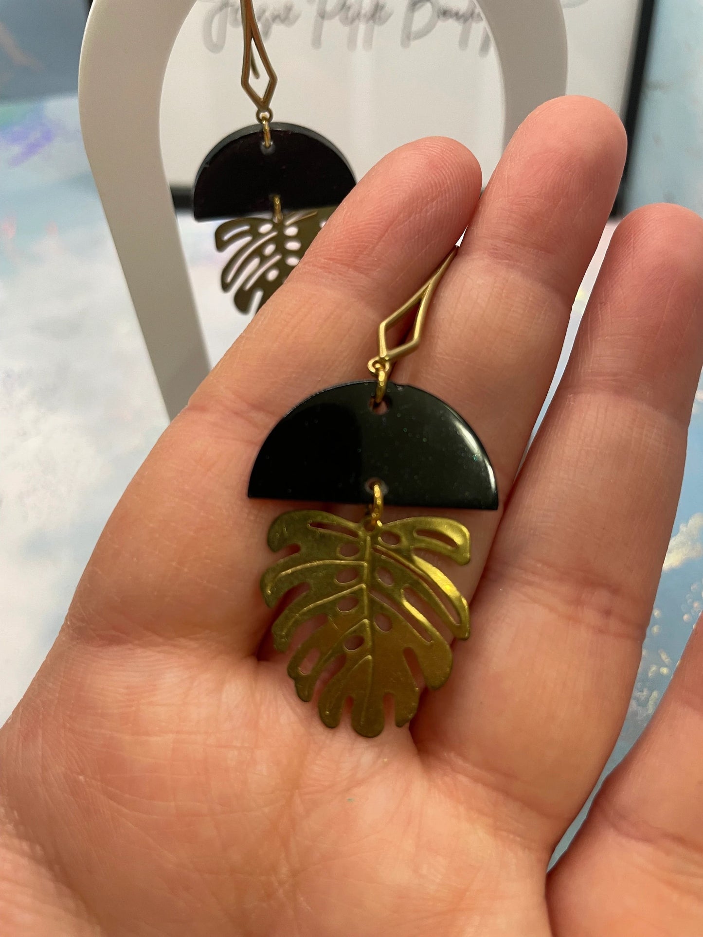 Black & Gold Monstera Earrings -Nickel Free